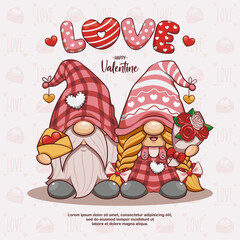 Happy Valentine With Gnome Couple In Love. Cute Cartoon Illustration