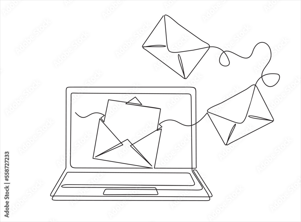 Poster laptop and envelopes e mail list building illustration continuous one line art illustration. can use
