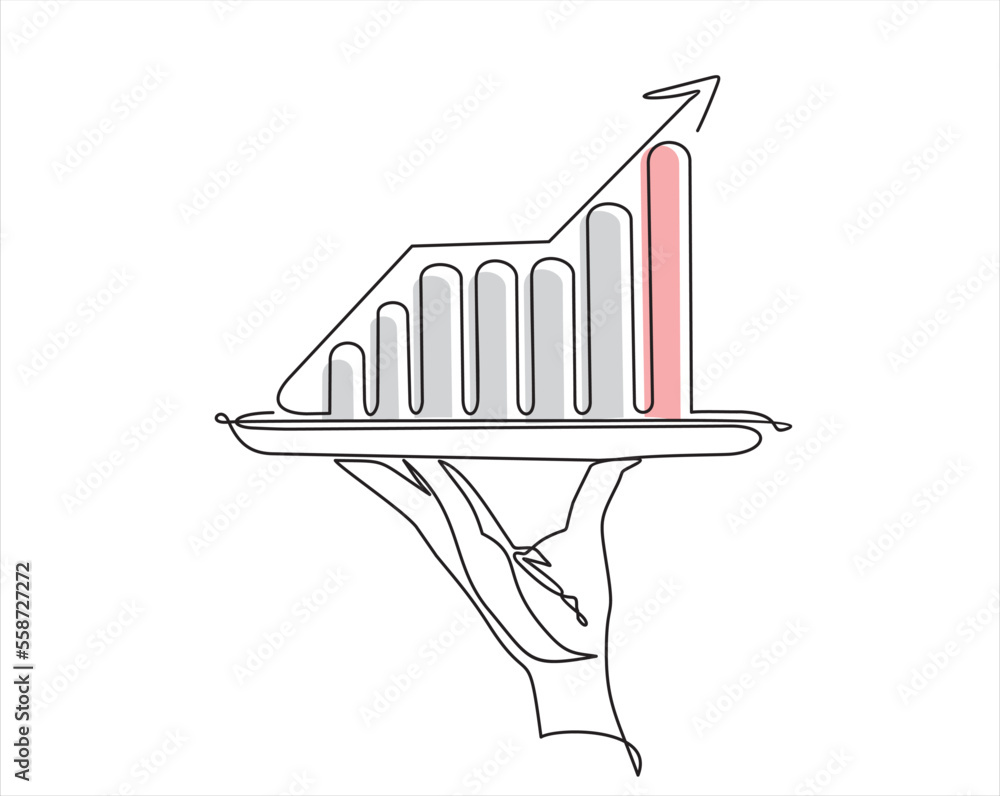 Poster continuous line vector illustration of hand holding dish with graph going up with an arrow on white 