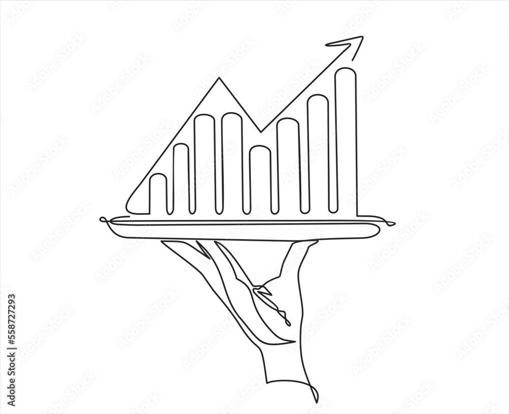 Poster continuous line vector illustration of hand holding dish with graph going up with an arrow on white 