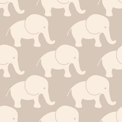 Cute baby elephant vector seamless pattern background. Adorable simple beige gender neutral backdrop with naive hand drawn elephants. Geometric repeat design for nursery, children.