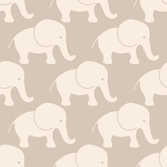 Cute baby elephant vector seamless pattern background. Adorable simple beige gender neutral backdrop with naive hand drawn elephants. Geometric repeat design for nursery, children.