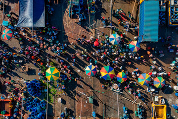 Aerial view of people enjoying the New fish market, Chattogram province, Bangladesh.