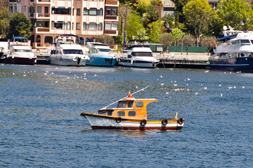 Obraz premium Small modest ship against modern yachts