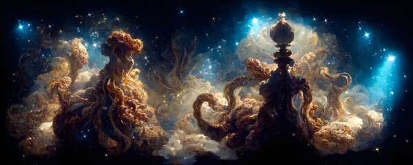 Panorama of a huge octopus-shaped nebula, formation of new planetary and star objects. Generative AI illustration.  Creative artistic painting concept. 