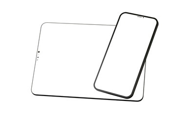 Gadgets including smartphone, digital tablet and laptop, blank screen with