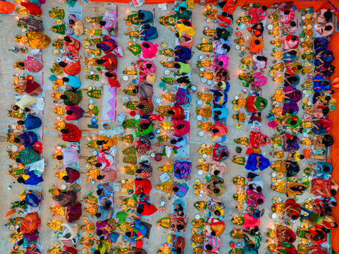 Aerial view of people at Rakher Upobash festival, Shri Shri Lokenath Brahmachari, Ashram temple, Bangladesh.