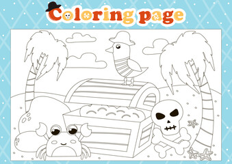 Pirate themed coloring page for kids with cute animal characters and chest with coins