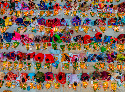 Dhaka, Bangladesh - 15 November 2022: Aerial view of people at Rakher Upobash festival, Shri Shri Lokenath Brahmachari, Ashram temple.