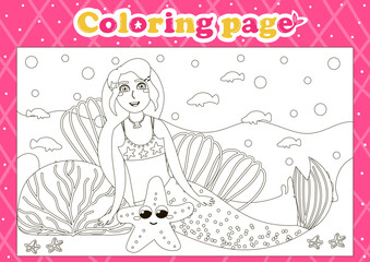 Fairytale themed coloring page for kids with cute mermaid character and starfish