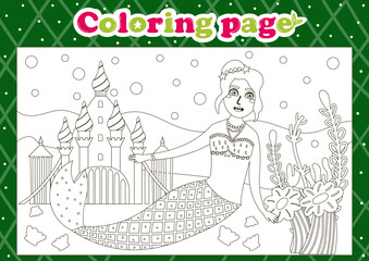 Fairytale themed coloring page for kids with cute mermaid character and underwater kingdom
