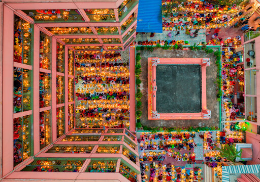 Aerial view of people at Rakher Upobash festival, Shri Shri Lokenath Brahmachari, Ashram temple, Bangladesh.