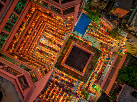 Dhaka, Bangladesh - 15 November 2022: Aerial view of people at Rakher Upobash festival, Shri Shri Lokenath Brahmachari, Ashram temple.