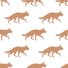 Running german shepherd dog puppy isolated on a white background. Seamless pattern. Dog silhouette. Endless texture. Design for wallpaper, fabric, template, surface design. Vector illustration.