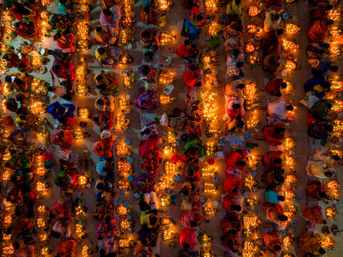 Dhaka, Bangladesh - 15 November 2022: Aerial view of people at Rakher Upobash festival, Shri Shri Lokenath Brahmachari, Ashram temple.
