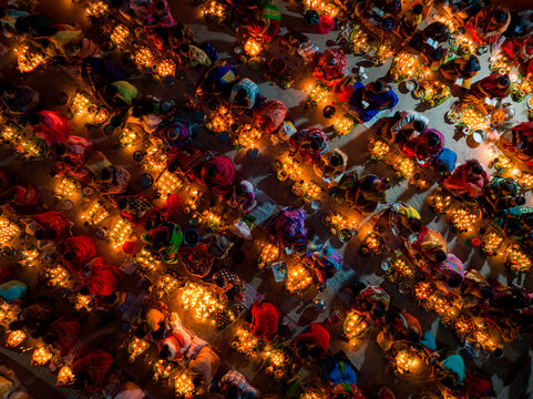 Dhaka, Bangladesh - 15 November 2022: Aerial view of people at Rakher Upobash festival, Shri Shri Lokenath Brahmachari, Ashram temple.