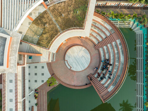 Aerial view of people at Shilpokola Amphitheater in Khulna, Bangladesh.