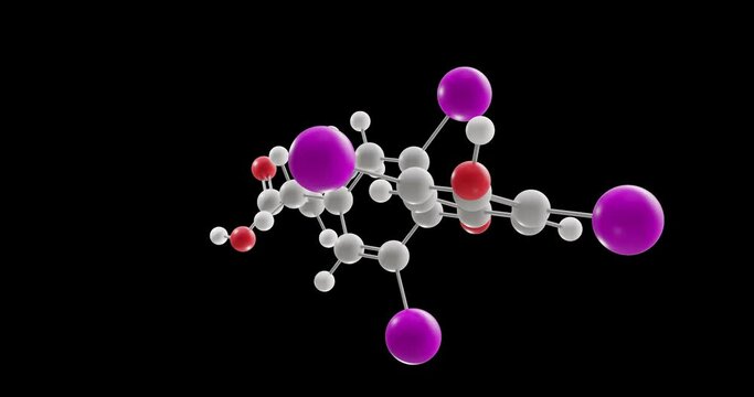 thyroxine t4 molecule, atoms with color coding, rotating 3D model of Thyroid hormone under a microscope, looped video with alpha channel