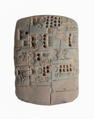 Cuneiform tablet isolated on white. - obrazy, fototapety, plakaty