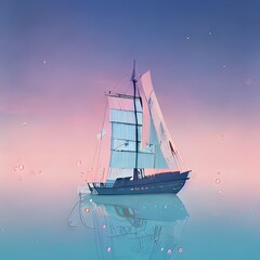 Boat in the sea with bubbles illustration. Art created with AI technology 
