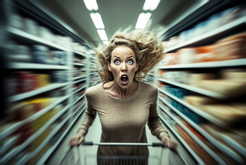 Gestresste Frau beim Einkauf im Supermarkt - Generative AI
