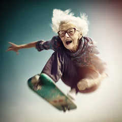 Fotobehang Alte Frau beim Sprung mit dem Skateboard - Generative AI © Jürgen Fälchle