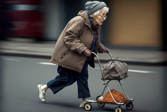 Alte Frau nach dem Einkauf auf der Straße - Generative AI
