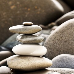Fototapeta na wymiar Balanced tower of stacked stones on natural stone background. Calm, zen and meditation. Generative AI