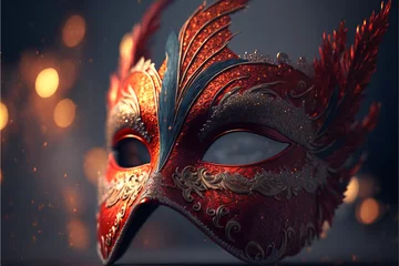 Poster venetian carnival mask with feathers, generative ai. © Asman