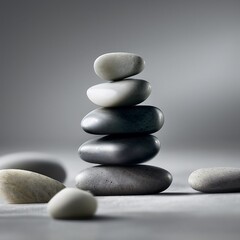 Fototapeta na wymiar Balanced tower of stacked stones on gray background. Calm, zen and meditation. Generative AI