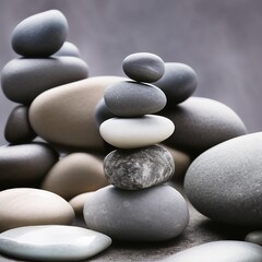 Fototapeta na wymiar Several balanced towers of stacked stones on gray background. Calm, zen and meditation. Generative AI
