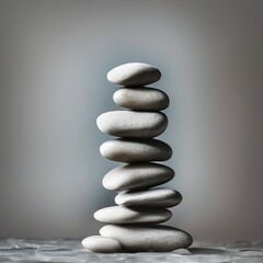 Balanced tower of stacked stones on gray background. Calm, zen and meditation. Generative AI