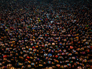 Aerial view of football fans watching football World Cup in the giant screen in Dhaka University Playground, Dhaka, Bangladesh.