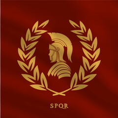Fototapeta na wymiar symbol of a roman warrior on a red flag in gold