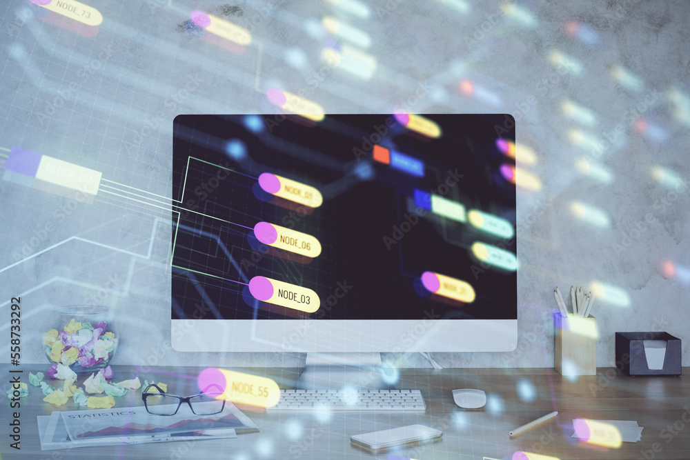 Poster double exposure of table with computer on background and data theme hologram. data technology concep
