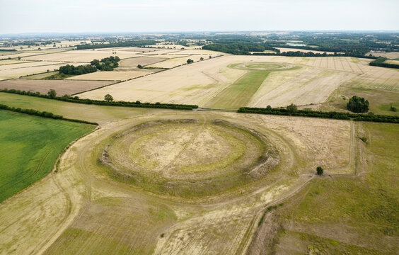 Thornborough Henges prehistoric Neolithic henge trio near Masham, Yorkshire. View over central to south henge. Each henge approx. 240m diameter