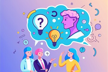Question. Group of talking people with speech bubbles and giant question mark. Customer service, frequently asked questions, FAQ. Generative AI illustration concepts. Modern flat design.