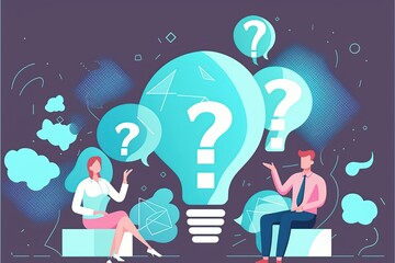 Question. Group of talking people with speech bubbles and giant question mark. Customer service, frequently asked questions, FAQ. Generative AI illustration concepts. Modern flat design.