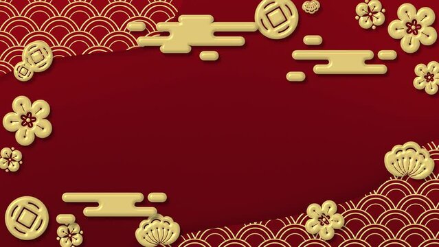Animated Chinese New Year Loopable Background with traditional ornaments, golden clouds, sakura flowers. Perfect for New Year's projects, creating a festive mood. 4K Background Wallpaper.