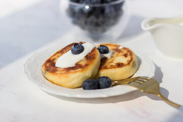 Appetizing and healthy breakfast. Cottage cheese pancakes