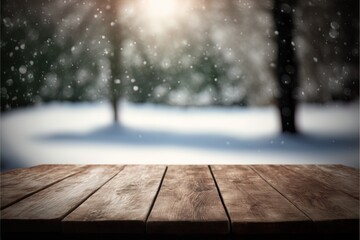 Naklejka na ściany i meble Wooden empty table on the background of winter nature. AI
