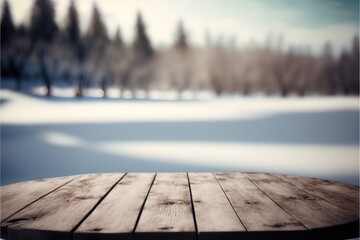 Wooden empty table on the background of winter nature. AI