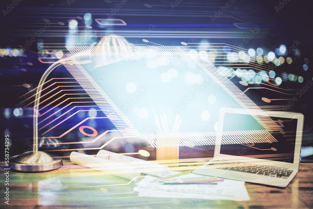 Poster Double exposure of table with computer on background and data theme hologram. Data technology concept.