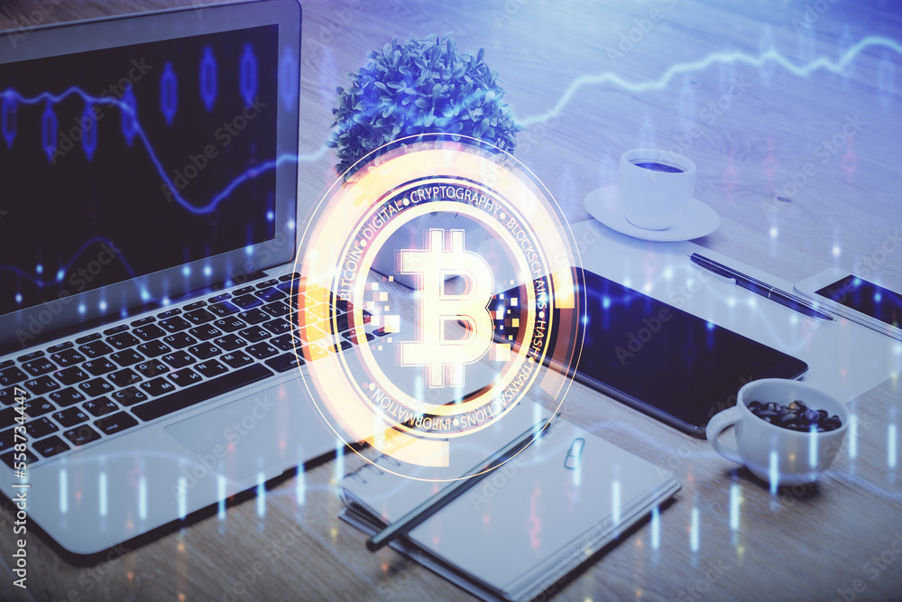 Poster Double exposure of blockchain and crypto economy theme hologram and table with computer background. Concept of bitcoin cryptocurrency.