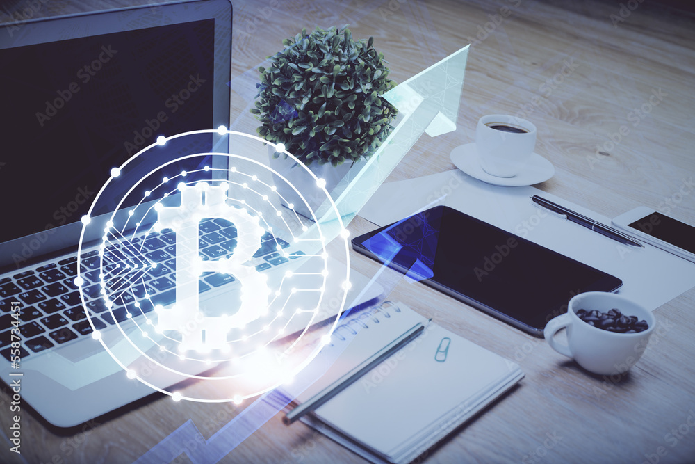 Poster Double exposure of blockchain and crypto economy theme hologram and table with computer background. Concept of bitcoin cryptocurrency.