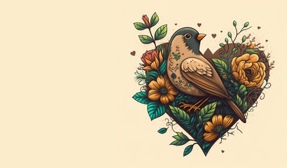 Flowers arrangement in the shape of a heart with a bird watercolor. Clean Valentines banner illustration made with Generative AI
