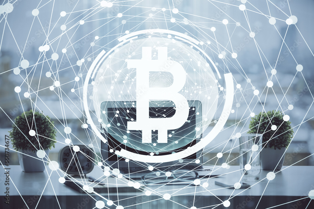 Poster Double exposure of blockchain and crypto economy theme hologram and table with computer background. Concept of bitcoin cryptocurrency.