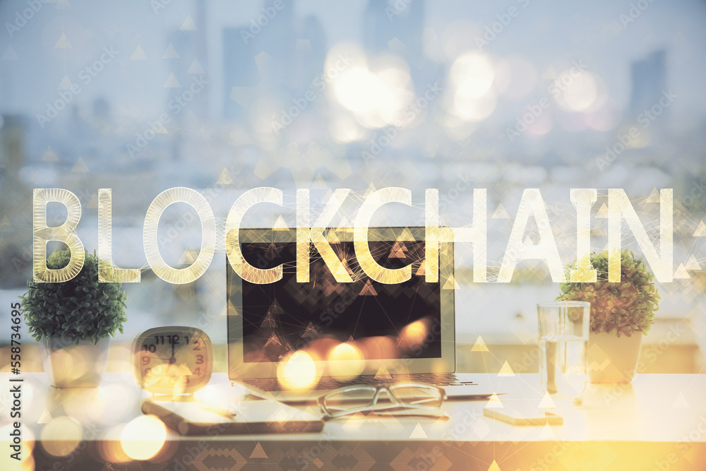 Poster Double exposure of blockchain and crypto economy theme hologram and table with computer background. Concept of bitcoin cryptocurrency.