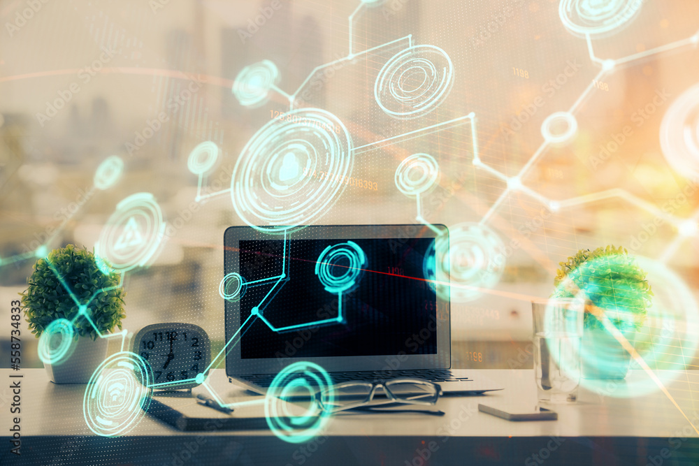 Poster computer on desktop with social network hologram. double exposure. concept of international people c