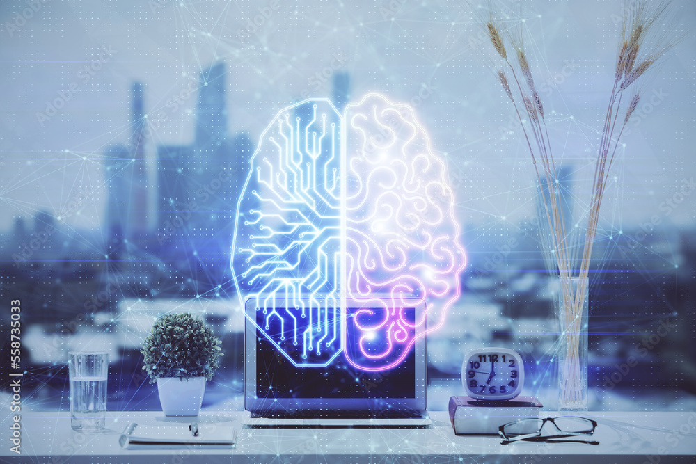 Poster double exposure of desktop with computer and brain drawing hologram. artificial intelligence concept